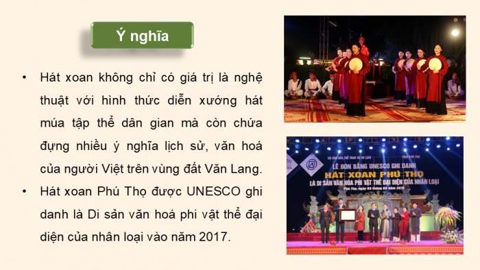 Giáo án điện tử Âm nhạc 9 chân trời Bài 16: Thường thức âm nhạc Một số di sản văn hoá phi vật thể, Nghe nhạc Mó cá (Hát xoan Phú Thọ)