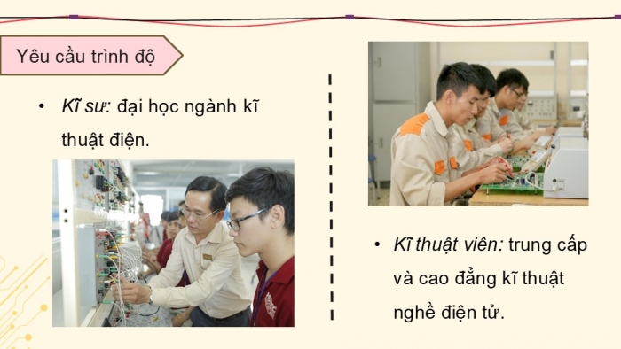 Giáo án điện tử Công nghệ 12 Điện - Điện tử Kết nối Bài 14: Ngành nghề và dịch vụ trong lĩnh vực kĩ thuật điện tử