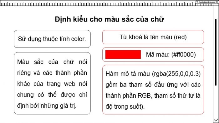 Giáo án điện tử Khoa học máy tính 12 chân trời Bài F8: Một số thuộc tính cơ bản của CSS