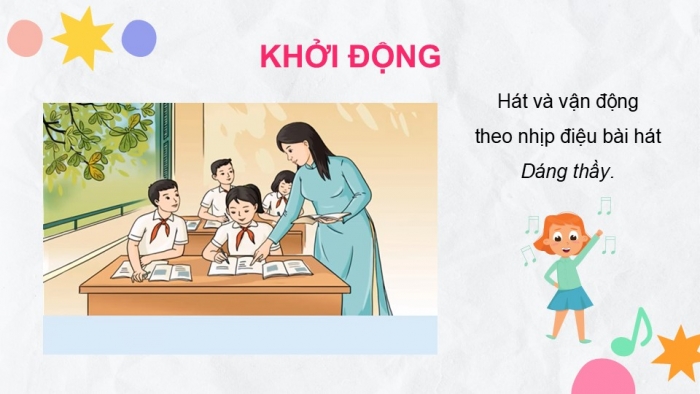 Giáo án điện tử Âm nhạc 9 cánh diều Bài 6 Tiết 2: Thể hiện tiết tấu, ứng dụng đệm cho bài hát Dáng thầy, Ôn tập Bài hoà tấu số 3, Trải nghiệm và khám phá Thể hiện mẫu tiết tấu bằng các động tác vỗ, gõ,... lên mặt bàn