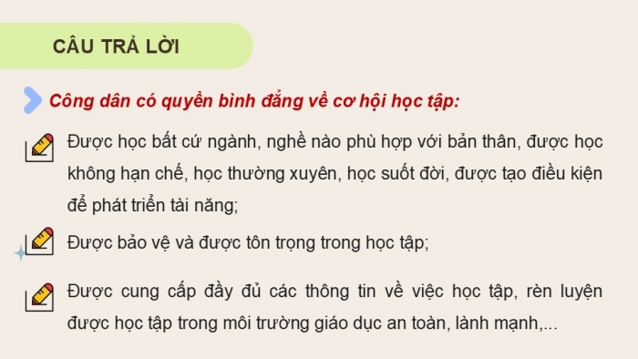 Giáo án điện tử Kinh tế pháp luật 12 kết nối Bài 11: Quyền và nghĩa vụ của công dân trong học tập