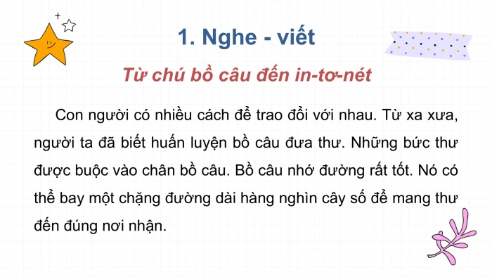 Giáo án điện tử Tiếng Việt 2 kết nối Bài 20: Nghe – viết Từ chú bồ câu đến in-tơ-nét, Phân biệt eo/oe, l/n, ên/ênh