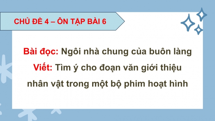 Giáo án PPT dạy thêm Tiếng Việt 5 chân trời bài 6: Bài đọc Ngôi nhà chung của buôn làng. Tìm ý cho đoạn văn giới thiệu nhân vật trong phim hoạt hình