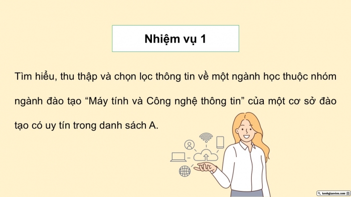 Giáo án điện tử Khoa học máy tính 12 cánh diều Bài 3: Dự án nhỏ Tìm hiểu thông tin tuyển sinh và hướng nghiệp về lĩnh vực đào tạo 