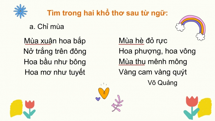 Giáo án điện tử Tiếng Việt 2 chân trời Bài 4: Mở rộng vốn từ Bốn mùa (tiếp theo), Nghe – kể Sự tích mùa xuân và bộ lông trắng của thỏ