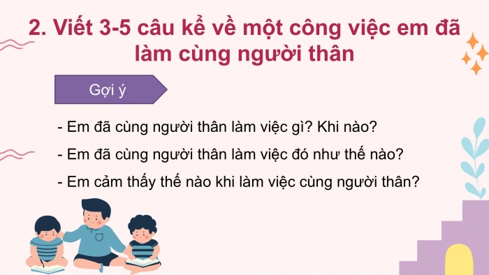 Giáo án điện tử tiếng Việt 2 kết nối Bài 30: Viết đoạn văn kể về việc đã làm cùng người thân, Đọc mở rộng