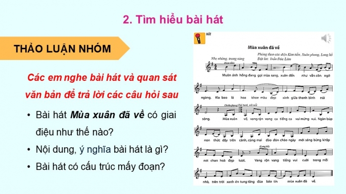 Giáo án điện tử Âm nhạc 9 chân trời Bài 11: Hát Mùa xuân đã về, Nhạc cụ thể hiện giai điệu Bài thực hành số 3