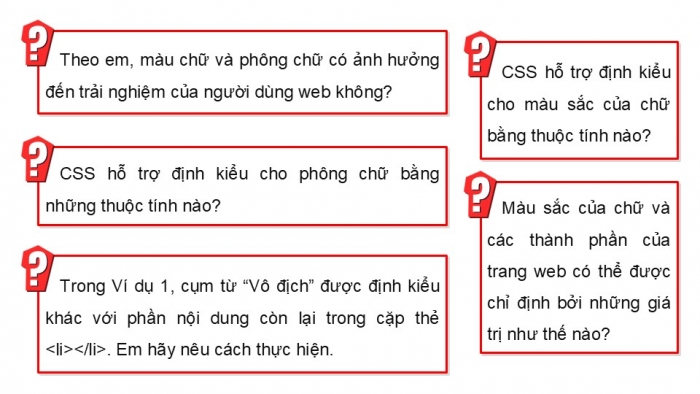 Giáo án điện tử Khoa học máy tính 12 chân trời Bài F8: Một số thuộc tính cơ bản của CSS