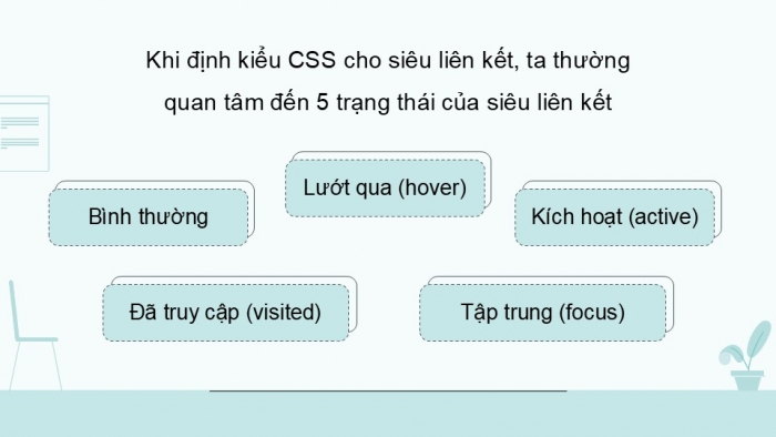 Giáo án điện tử Khoa học máy tính 12 chân trời Bài F10: Định kiểu CSS cho siêu liên kết và danh sách