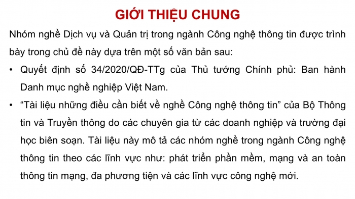 Giáo án điện tử Khoa học máy tính 12 cánh diều Bài 1: Giới thiệu nhóm nghề Dịch vụ và Quản trị trong ngành Công nghệ thông tin