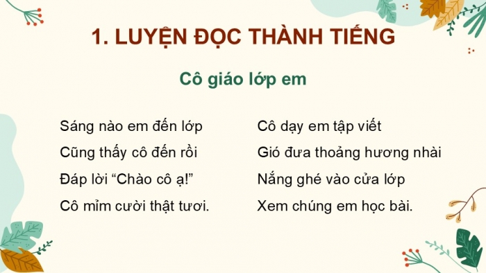 Giáo án điện tử Tiếng Việt 2 chân trời Bài 3: Đọc Cô giáo lớp em