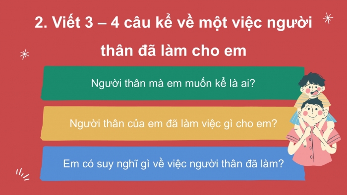 Giáo án điện tử tiếng Việt 2 kết nối Bài 26: Viết đoạn văn kể một việc người thân đã làm cho em, Đọc mở rộng