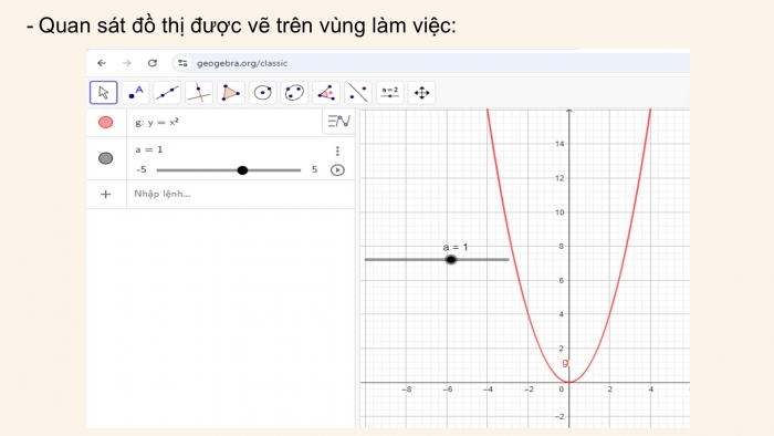 Giáo án điện tử Toán 9 chân trời Hoạt động thực hành và trải nghiệm 3: Vẽ đồ thị hàm số bậc hai y = ax^2 (a ≠ 0) bằng phần mềm GeoGebra