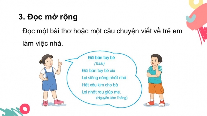 Giáo án điện tử tiếng Việt 2 kết nối Bài 6: Viết đoạn văn kể việc thường làm, Đọc mở rộng