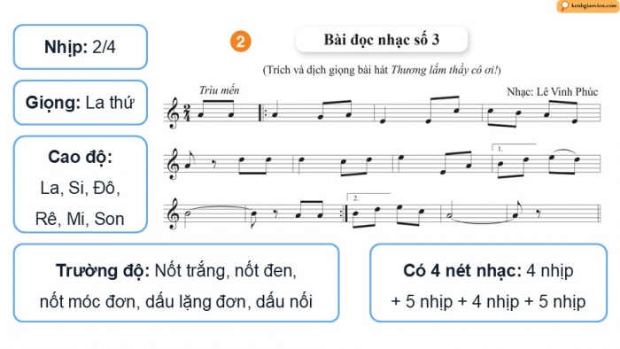 Giáo án điện tử Âm nhạc 9 cánh diều Bài 6 Tiết 1: Luyện đọc gam La thứ theo mẫu, Bài đọc nhạc số 3, Thế bấm hợp âm Rê thứ trên kèn phím, Bài hoà tấu số 3