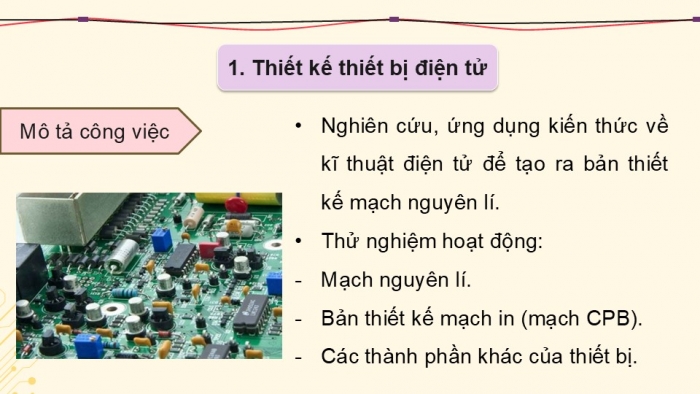 Giáo án điện tử Công nghệ 12 Điện - Điện tử Kết nối Bài 14: Ngành nghề và dịch vụ trong lĩnh vực kĩ thuật điện tử