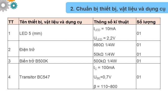 Giáo án điện tử Công nghệ 12 Điện - Điện tử Cánh diều Bài 17: Thực hành Lắp ráp mạch điều khiển LED sử dụng transistor lưỡng cực