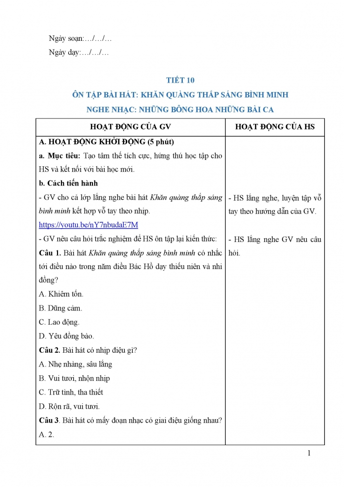 Giáo án và PPT Âm nhạc 5 cánh diều Tiết 10: Ôn tập bài hát Khăn quàng thắp sáng bình minh, Nghe nhạc Những bông hoa, những bài ca