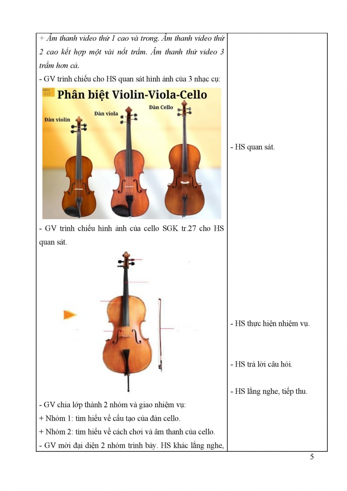 Giáo án và PPT Âm nhạc 5 cánh diều Tiết 11: Nhạc cụ Nhạc cụ thể hiện tiết tấu – Nhạc cụ thể hiện giai điệu, Thường thức âm nhạc – Tìm hiểu nhạc cụ Xen-lô