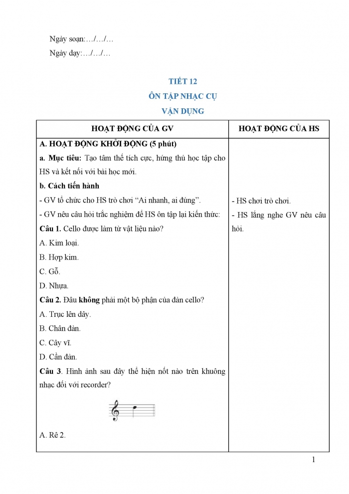 Giáo án và PPT Âm nhạc 5 cánh diều Tiết 12: Ôn tập nhạc cụ, Vận dụng