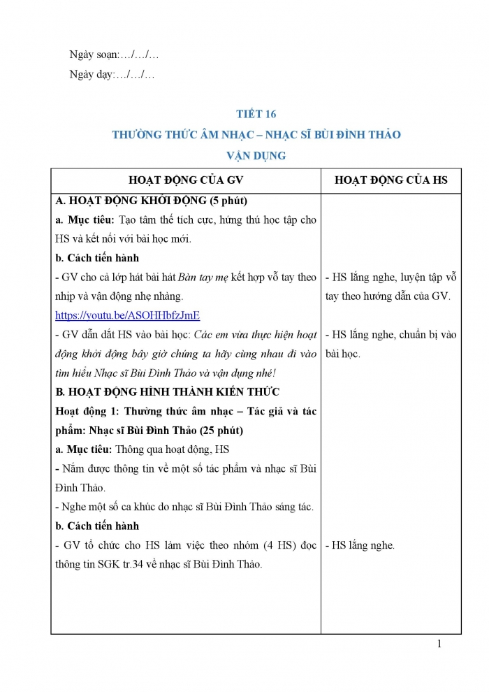 Giáo án và PPT Âm nhạc 5 cánh diều Tiết 16: Thường thức âm nhạc – Tác giả và tác phẩm Nhạc sĩ Bùi Đình Thảo, Vận dụng