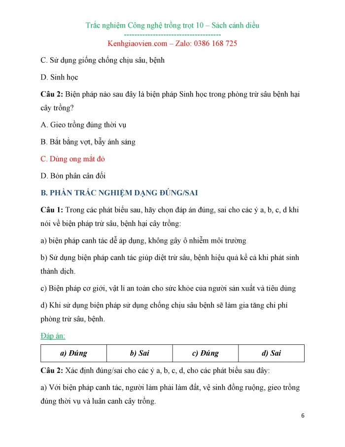 Bài tập trắc nghiệm Công nghệ 10 Công nghệ trồng trọt Cánh diều