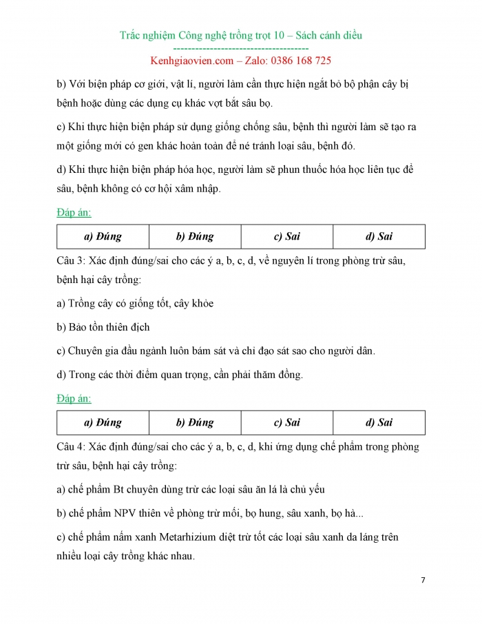 Bài tập trắc nghiệm Công nghệ 10 Công nghệ trồng trọt Cánh diều