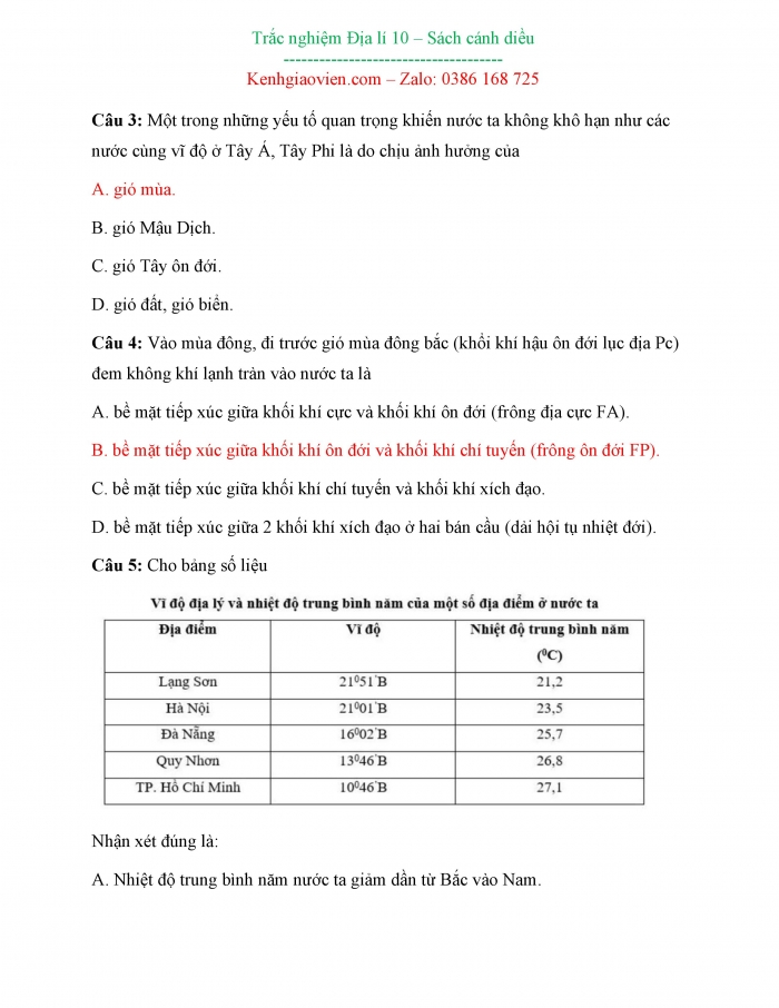 Câu hỏi trắc nghiệm Địa lí 10 cánh diều