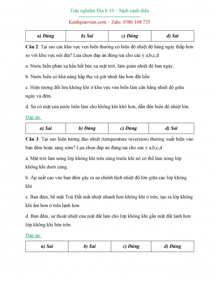 Câu hỏi trắc nghiệm Địa lí 10 cánh diều