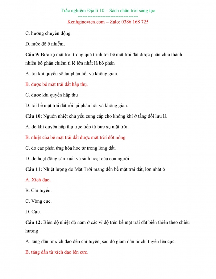 Câu hỏi trắc nghiệm Địa lí 10 chân trời sáng tạo