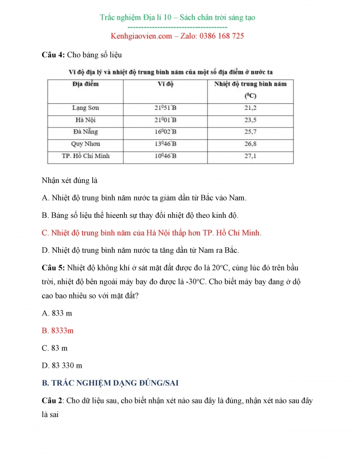 Câu hỏi trắc nghiệm Địa lí 10 chân trời sáng tạo