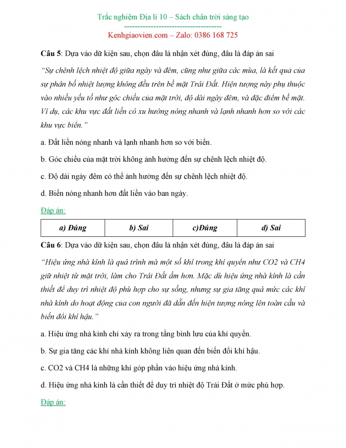 Câu hỏi trắc nghiệm Địa lí 10 chân trời sáng tạo