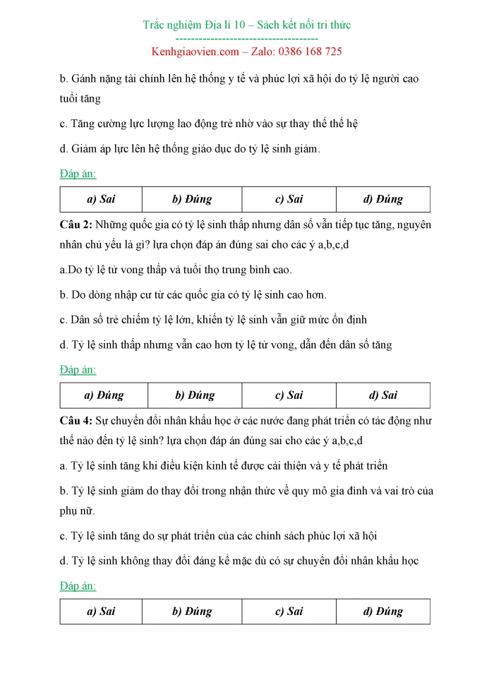 Câu hỏi trắc nghiệm Địa lí 10 kết nối tri thức