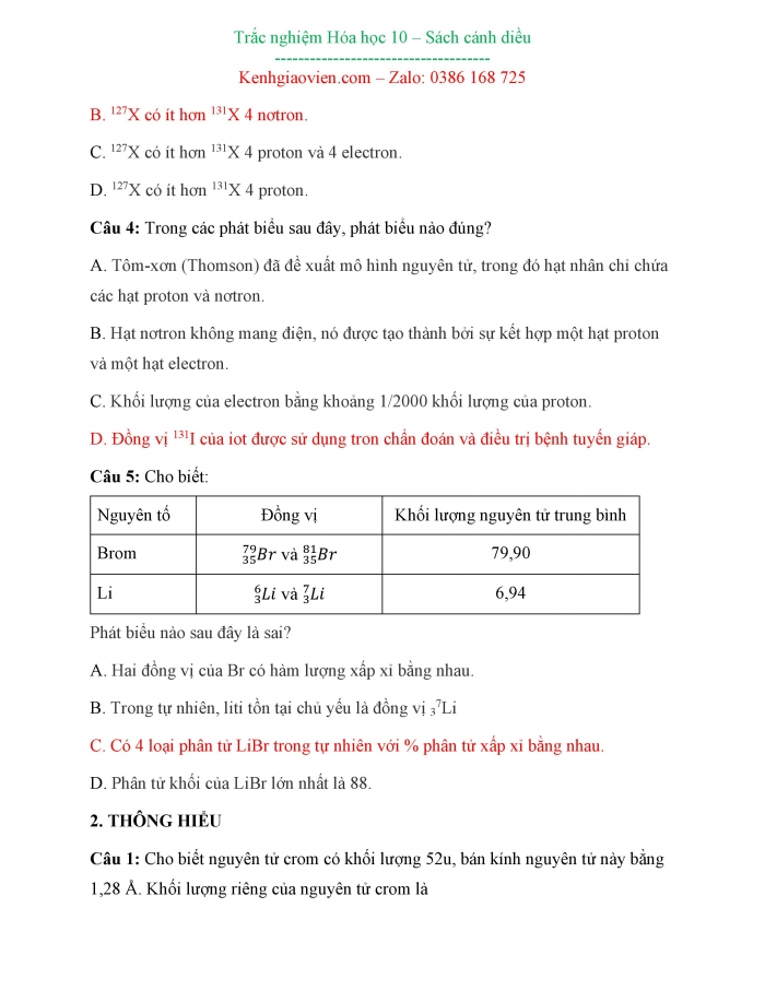 Bài tập trắc nghiệm Hoá học 10 cánh diều