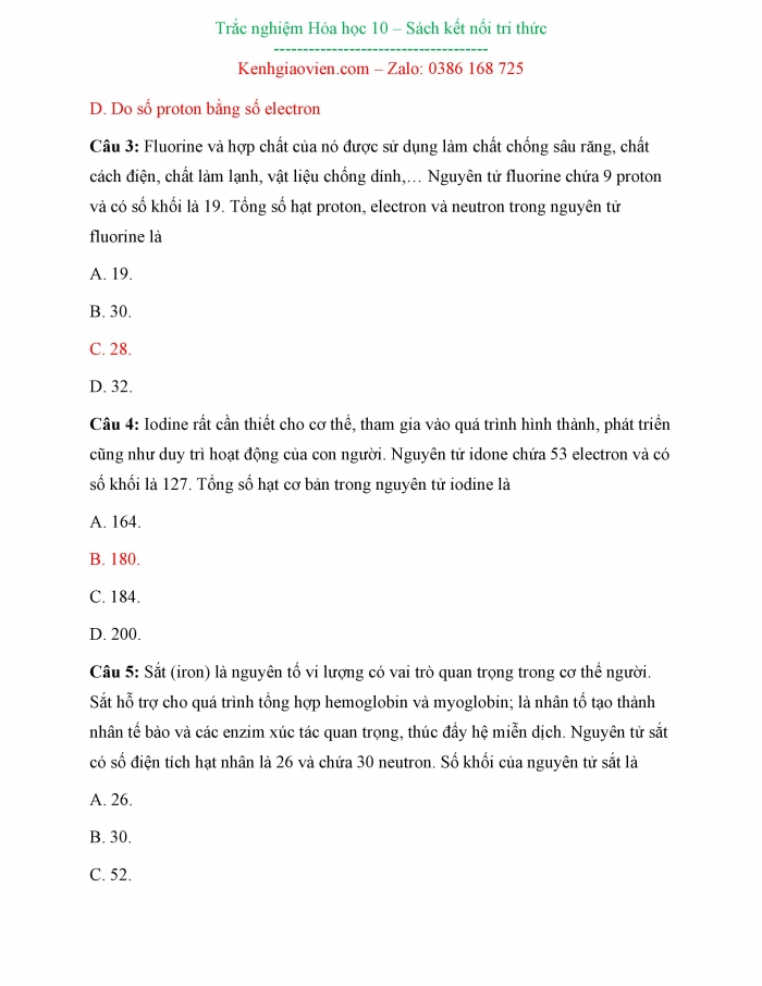 Bài tập trắc nghiệm Hoá học 10 kết nối tri thức