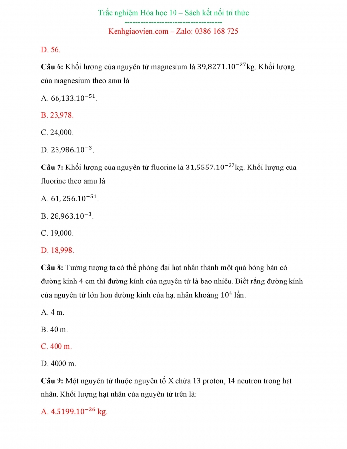 Bài tập trắc nghiệm Hoá học 10 kết nối tri thức