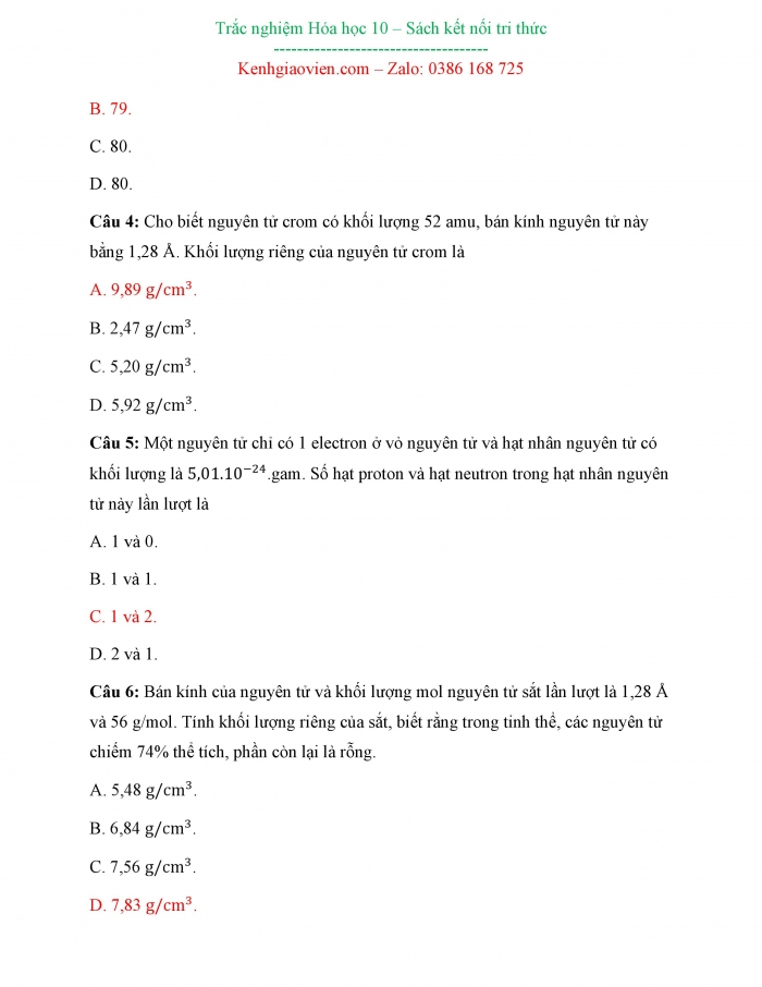 Bài tập trắc nghiệm Hoá học 10 kết nối tri thức