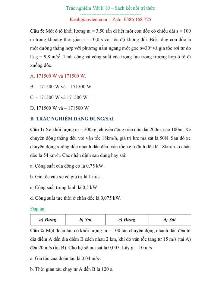 Bài tập trắc nghiệm Vật lí 10 kết nối tri thức