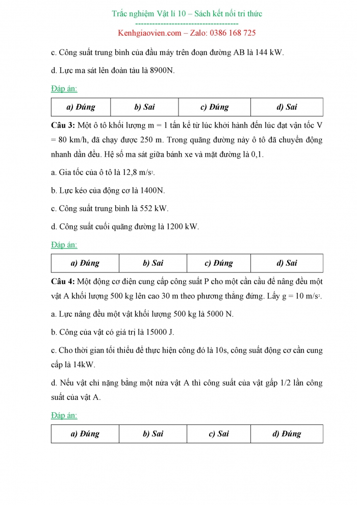 Bài tập trắc nghiệm Vật lí 10 kết nối tri thức