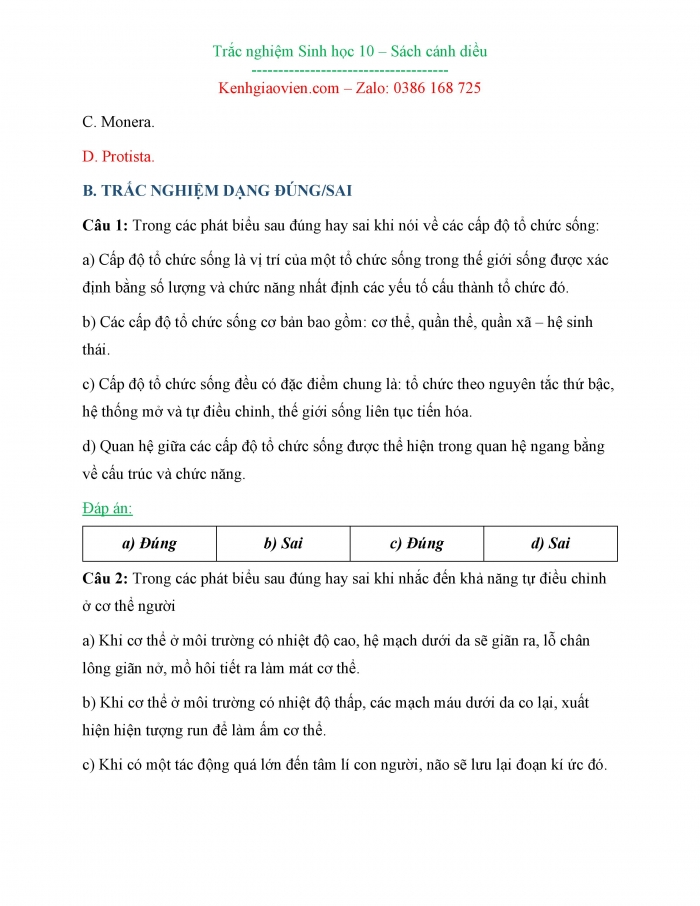 Bài tập trắc nghiệm Sinh học 10 cánh diều