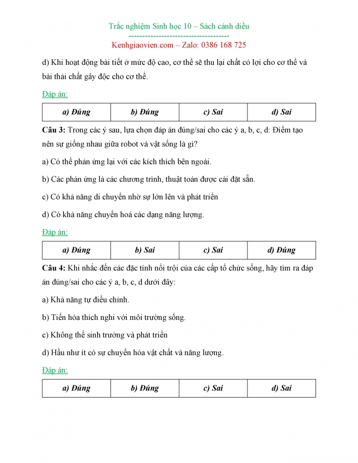 Bài tập trắc nghiệm Sinh học 10 cánh diều