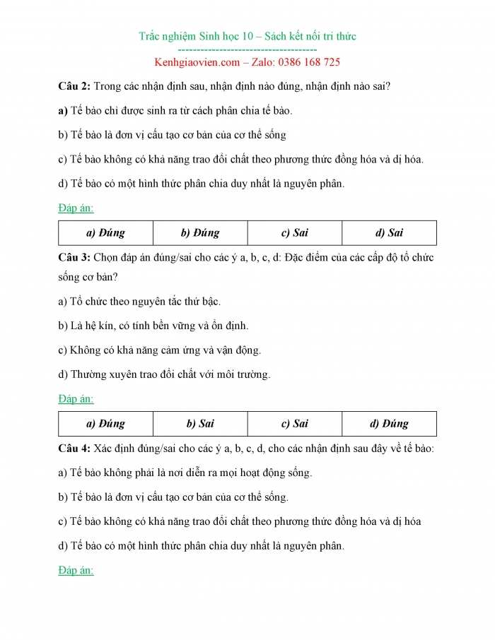 Bài tập trắc nghiệm Sinh học 10 kết nối tri thức