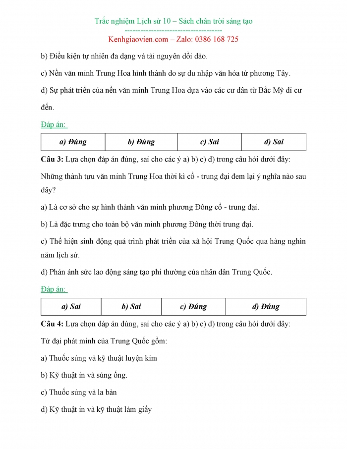 Câu hỏi trắc nghiệm Lịch sử 10 chân trời sáng tạo