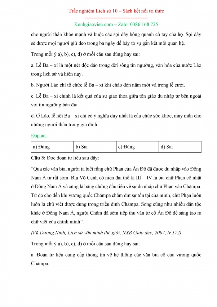 Câu hỏi trắc nghiệm Lịch sử 10 kết nối tri thức