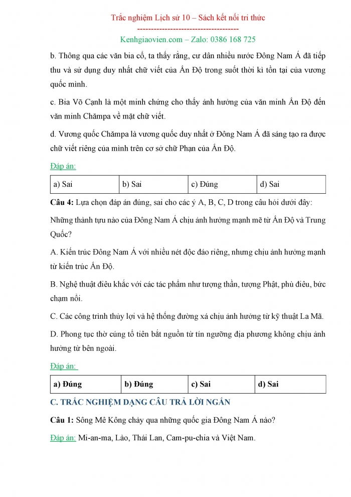 Câu hỏi trắc nghiệm Lịch sử 10 kết nối tri thức