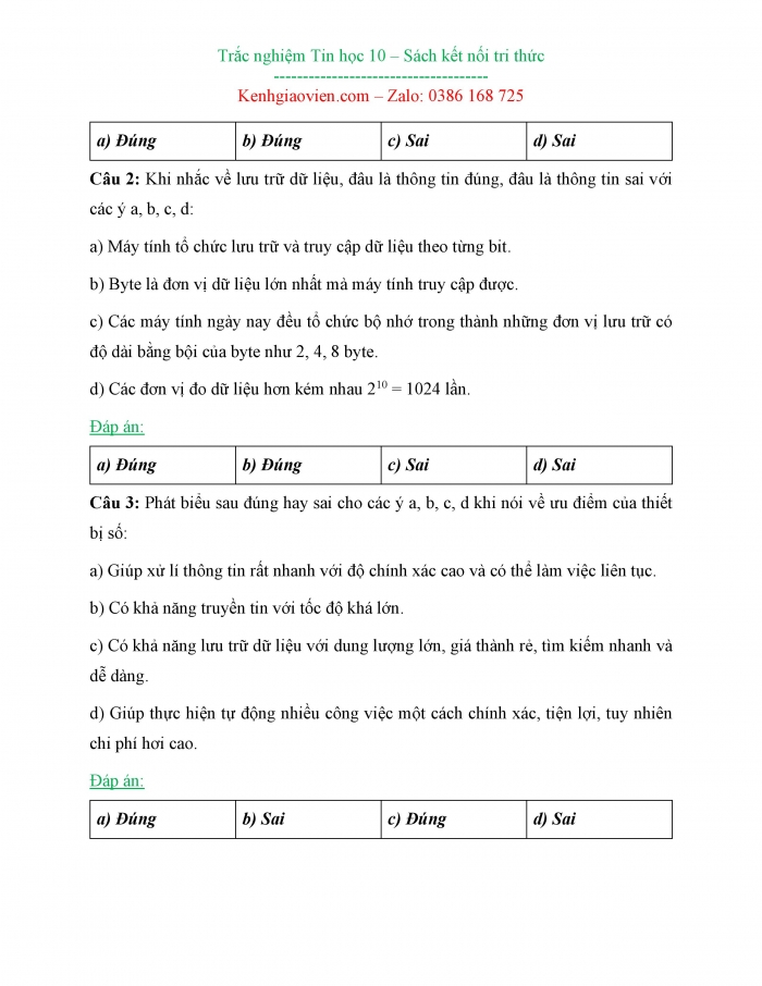 Bài tập trắc nghiệm Tin học 10 kết nối tri thức