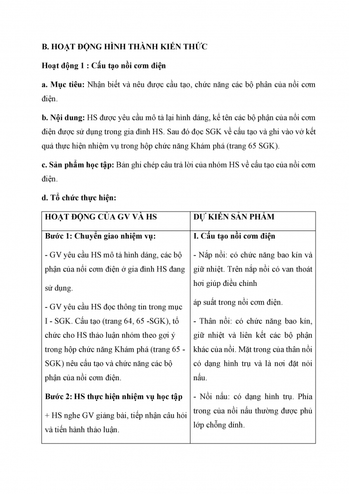 Giáo án và PPT Công nghệ 6 kết nối Bài 12: Nồi cơm điện