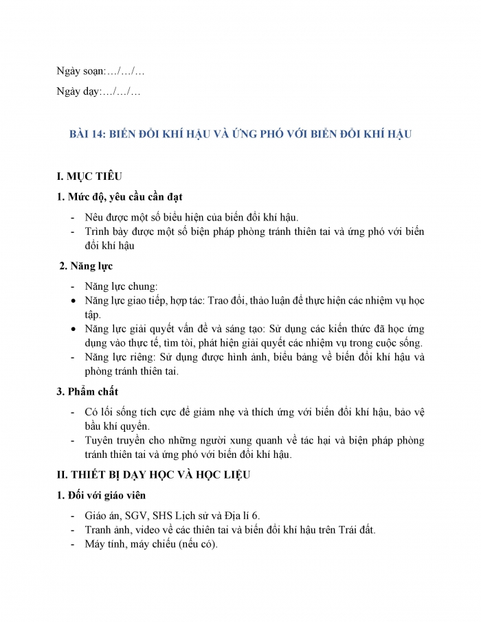 Giáo án và PPT Địa lí 6 chân trời Bài 14: Biến đổi khí hậu và ứng phó với biến đổi khí hậu