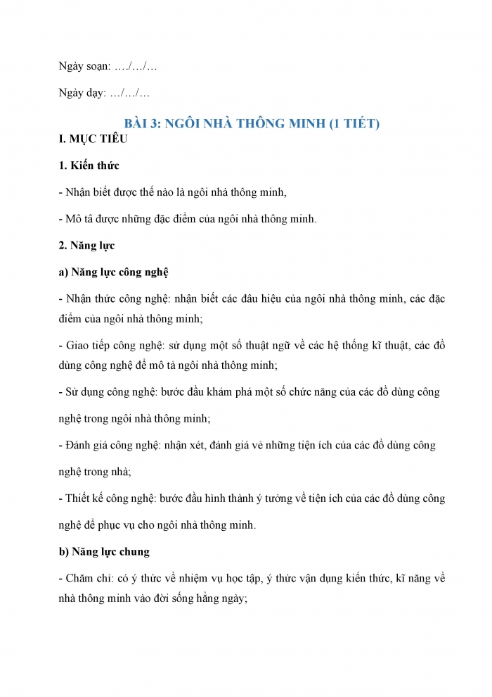 Giáo án và PPT Công nghệ 6 chân trời Bài 3: Ngôi nhà thông minh