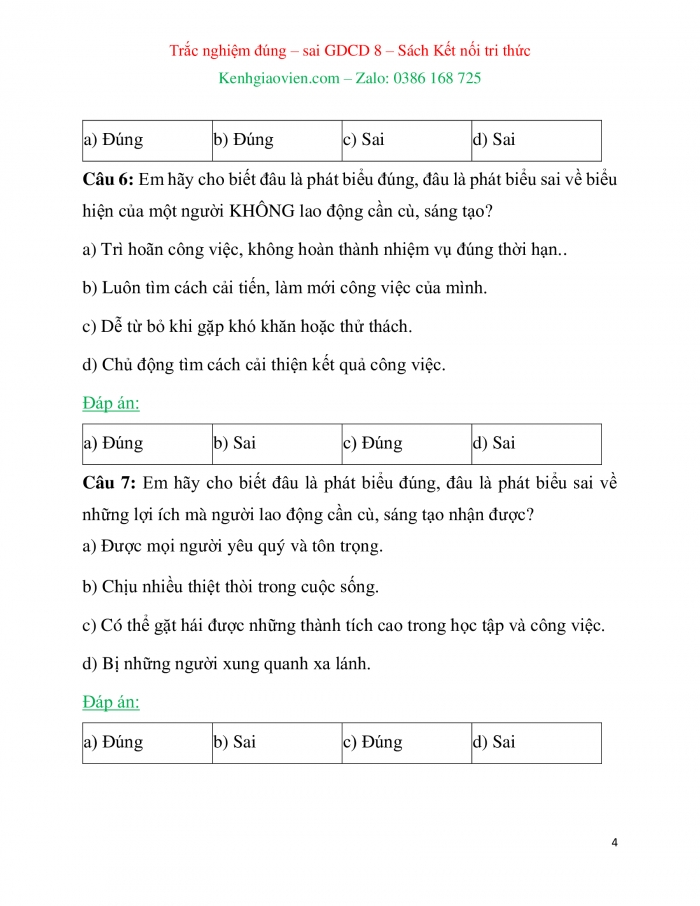 Trắc nghiệm đúng sai Công dân 8 kết nối tri thức